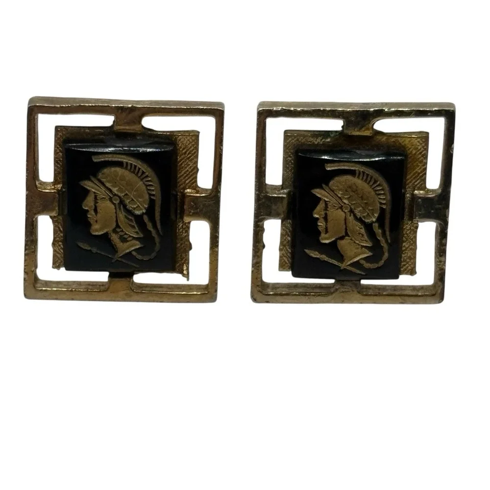 Vintage Cufflinks Roman Trojan Greek‎ Soldier Gold Tone Black Center Open Frame